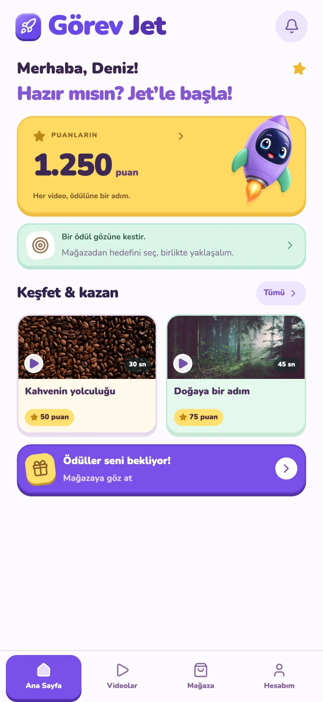 Örnek Görev Jet hesabında keşfet ekranı ve ödül hedefi