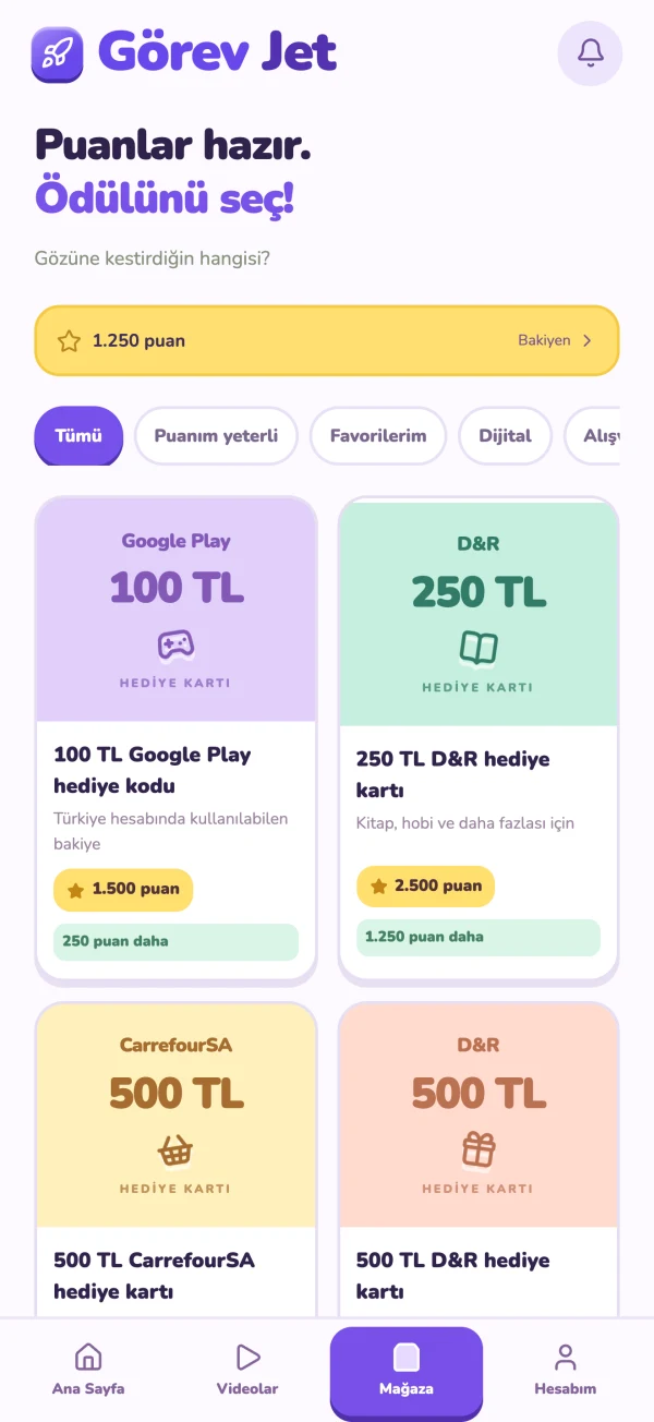Hediye kartı kataloğu, puan bedelleri ve stok durumları