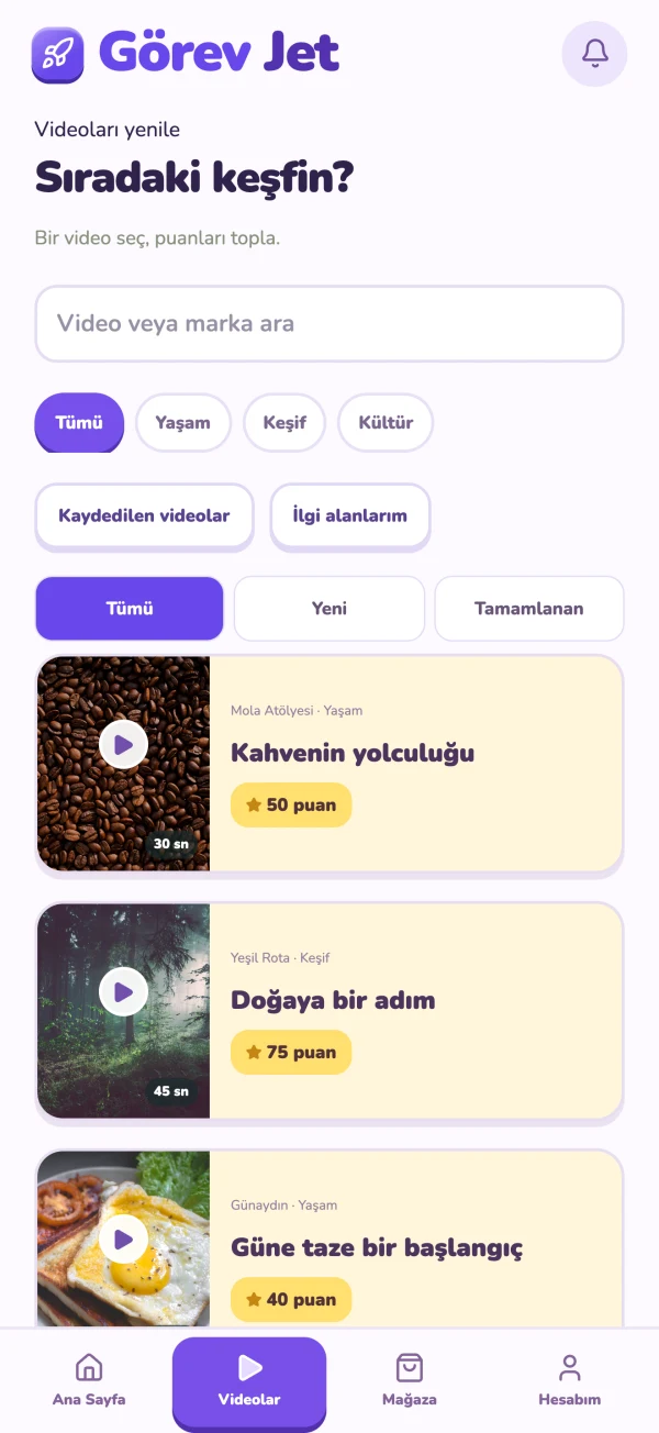 Video listesi, kategori filtreleri ve kaydedilen videolar düğmesi
